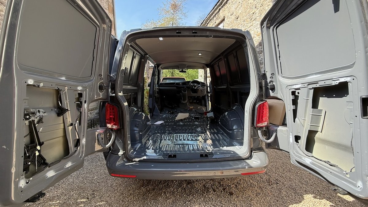 VW Transporter T6.1 stripped back — panels removed, ZomB Build 001